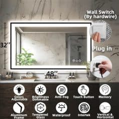 32-inch by 48-inch LED backlit vanity mirror with adjustable colors, brightness dimming, anti-fog, touch control, waterproof, with built-in memory, ETL listed, and aluminum frame, ideal for modern bathrooms.