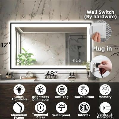 32-inch by 48-inch LED backlit vanity mirror with adjustable colors, brightness dimming, anti-fog, touch control, waterproof, with built-in memory, ETL listed, and aluminum frame, ideal for modern bathrooms.