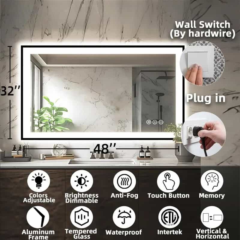 32-inch by 48-inch LED backlit vanity mirror with adjustable colors, brightness dimming, anti-fog, touch control, waterproof, with built-in memory, ETL listed, and aluminum frame, ideal for modern bathrooms.