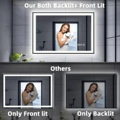 Monalisa backlit mirror with LED lighting in modern bathroom, front and back illumination options, sleek design for stylish bathroom decor, high-quality mirror with lighting versatility for optimal grooming lighting.