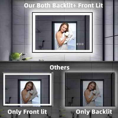 Monalisa backlit mirror with LED lighting in modern bathroom, front and back illumination options, sleek design for stylish bathroom decor, high-quality mirror with lighting versatility for optimal grooming lighting.
