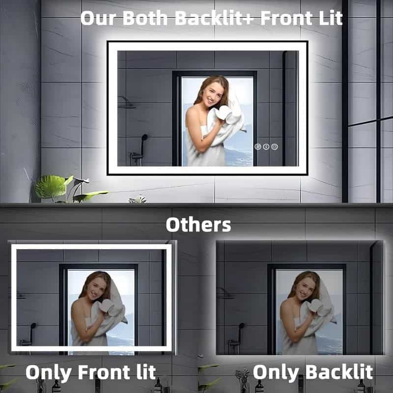 Monalisa backlit mirror with LED lighting in modern bathroom, front and back illumination options, sleek design for stylish bathroom decor, high-quality mirror with lighting versatility for optimal grooming lighting.