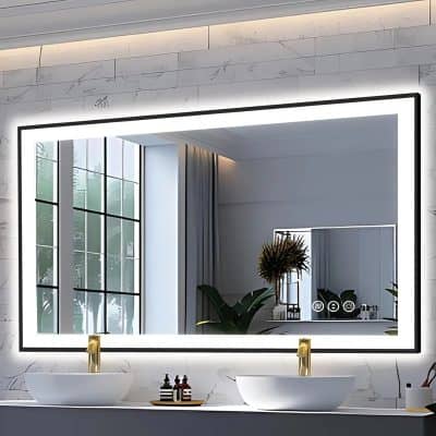 Mirror with illuminated LED border, modern bathroom vanity with vessel sink and gold faucet, stylish interior design with large window and decorative plants.