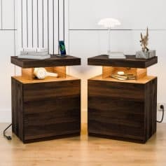Elegant modern wooden side tables with sleek design, perfect for optometry clinics or eyewear stores, featuring lighting and storage for ophthalmic accessories.