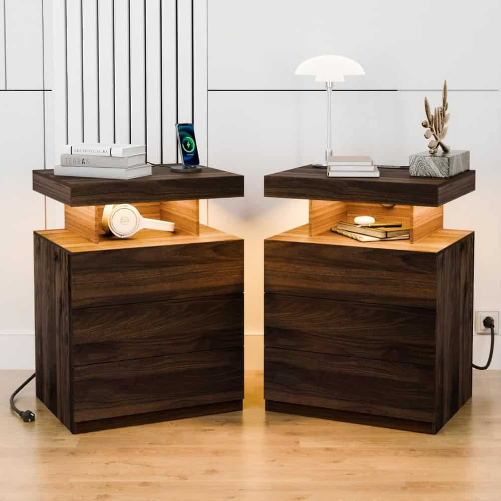 Elegant modern wooden side tables with sleek design, perfect for optometry clinics or eyewear stores, featuring lighting and storage for ophthalmic accessories.