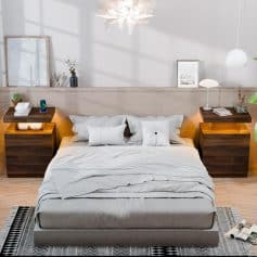 Modern minimalist bedroom with stylish wooden nightstands, cozy bedding, and contemporary decor, perfect for a relaxing sleep environment at Monalisa Store.