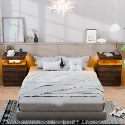 Modern minimalist bedroom with stylish wooden nightstands, cozy bedding, and contemporary decor, perfect for a relaxing sleep environment at Monalisa Store.