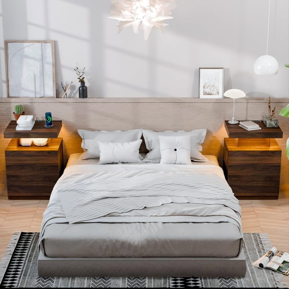 Modern minimalist bedroom with stylish wooden nightstands, cozy bedding, and contemporary decor, perfect for a relaxing sleep environment at Monalisa Store.