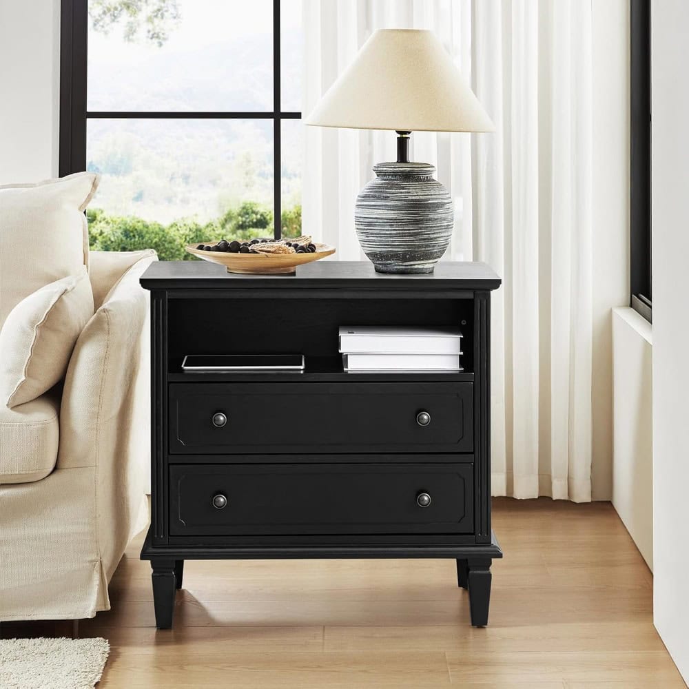 Stylish black bedside table with drawers and open shelf, perfect for bedroom decor and storage, complementing modern furniture in Monalisa store.