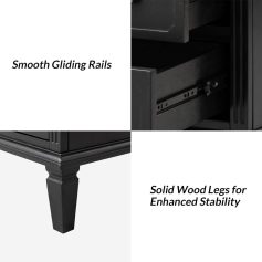 Elegant black dresser with smooth sliding rails for easy access and solid wood legs for enhanced stability, perfect for stylish bedroom storage solutions.