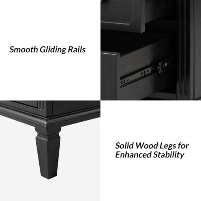 Elegant black dresser with smooth sliding rails for easy access and solid wood legs for enhanced stability, perfect for stylish bedroom storage solutions.