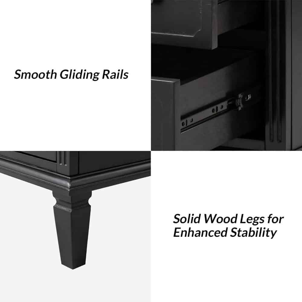 Elegant black dresser with smooth sliding rails for easy access and solid wood legs for enhanced stability, perfect for stylish bedroom storage solutions.