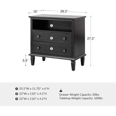 Contemporary black nightstand with three drawers, perfect for bedroom storage and decor. Features classic design, durable construction, and ample storage space for bedside essentials.