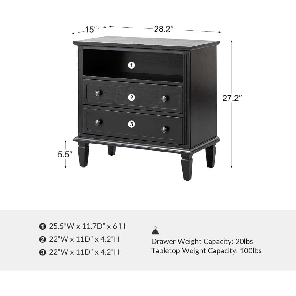 Contemporary black nightstand with three drawers, perfect for bedroom storage and decor. Features classic design, durable construction, and ample storage space for bedside essentials.
