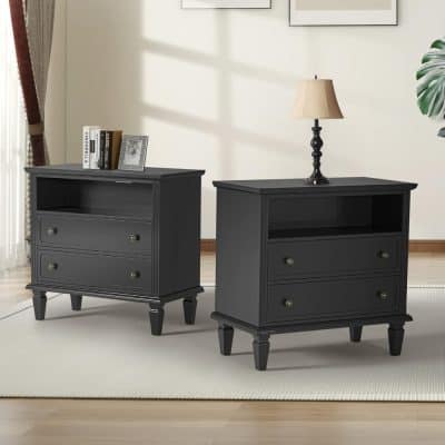 Sleek black bedside tables with drawers and open shelf storage, perfect for bedroom organization, featuring modern design and sturdy construction.