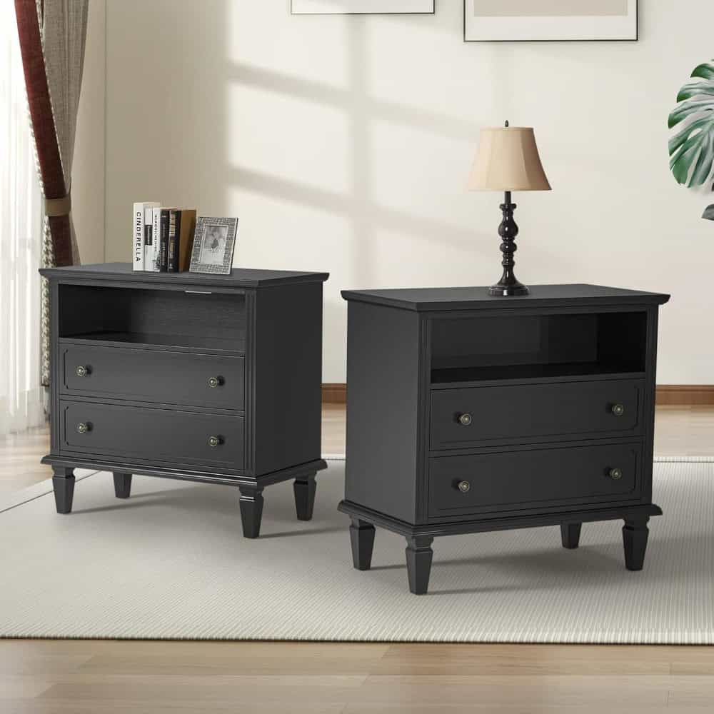 Sleek black bedside tables with drawers and open shelf storage, perfect for bedroom organization, featuring modern design and sturdy construction.