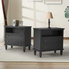 Classic black bedside tables with drawers and open shelf, perfect for bedroom decor and storage, featured in Monalisa Medical store.