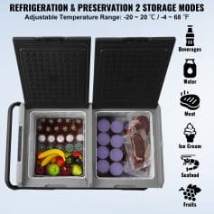 Refrigerator freezer with dual storage modes for food preservation, beverage, water, and seafood storage.
