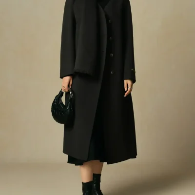 Elegant black coat with oversized scarf and stylish black boots, perfect for winter fashion and winter outerwear. Monalisa Store offers high-quality women's clothing and accessories.
