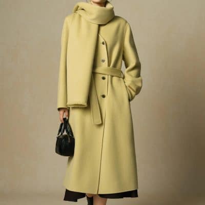 Luxury wool coat with belt and scarf, stylish winter outerwear for women, fashion-forward winter clothing.