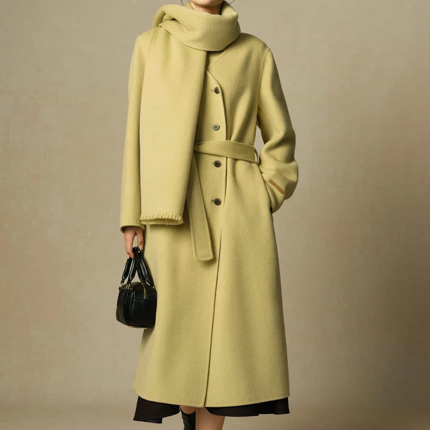 Luxury wool coat with belt and scarf, stylish winter outerwear for women, fashion-forward winter clothing.