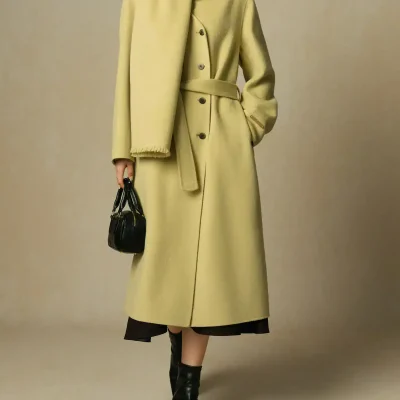 Luxurious yellow women's coat with matching scarf, stylish black ankle boots, and a small black handbag, perfect for fall or winter fashion.
