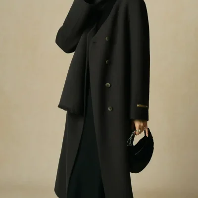 Elegant black long coat with stylish details, perfect for winter fashion and professional wear. Sophisticated outerwear suitable for cold weather and fashionable outings.