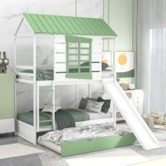 Bright white and green children’s house bunk bed with slide, ideal for kids’ bedrooms, featuring a playful design, safe materials, and space-saving functionality for a cozy sleep and play area.