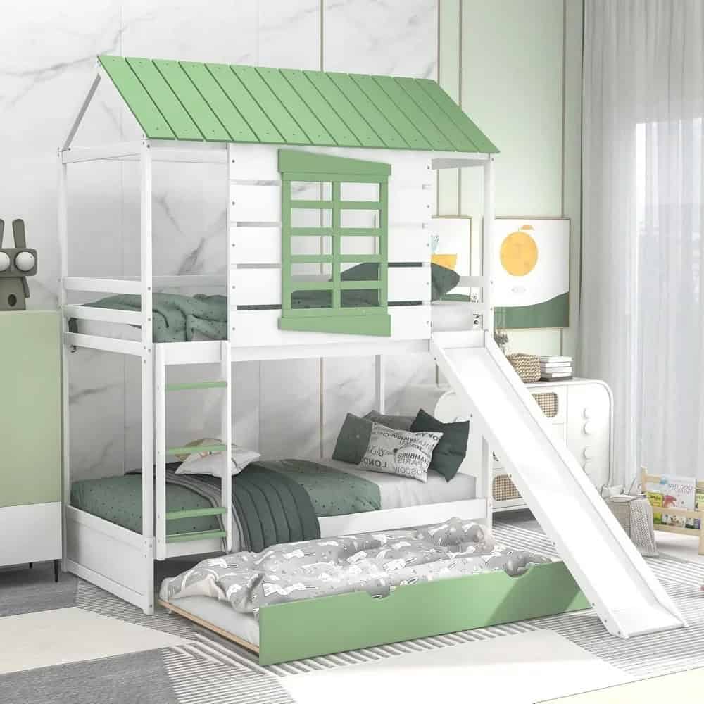 Bright white and green children’s house bunk bed with slide, ideal for kids’ bedrooms, featuring a playful design, safe materials, and space-saving functionality for a cozy sleep and play area.
