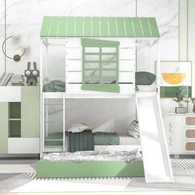 Bright green and white kids' bunk bed with slide and playhouse design, ideal for children's bedrooms and play areas, featuring storage drawers and a cozy sleeping space.