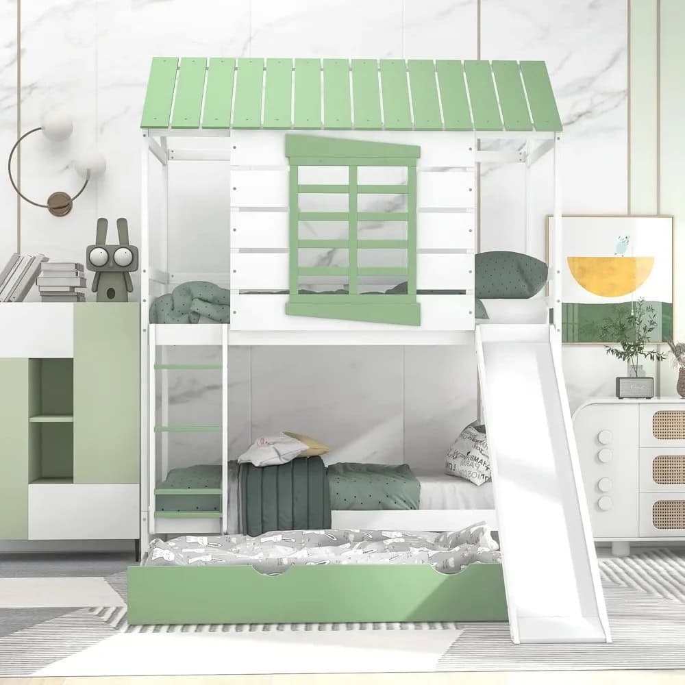 Bright green and white kids' bunk bed with slide and playhouse design, ideal for children's bedrooms and play areas, featuring storage drawers and a cozy sleeping space.