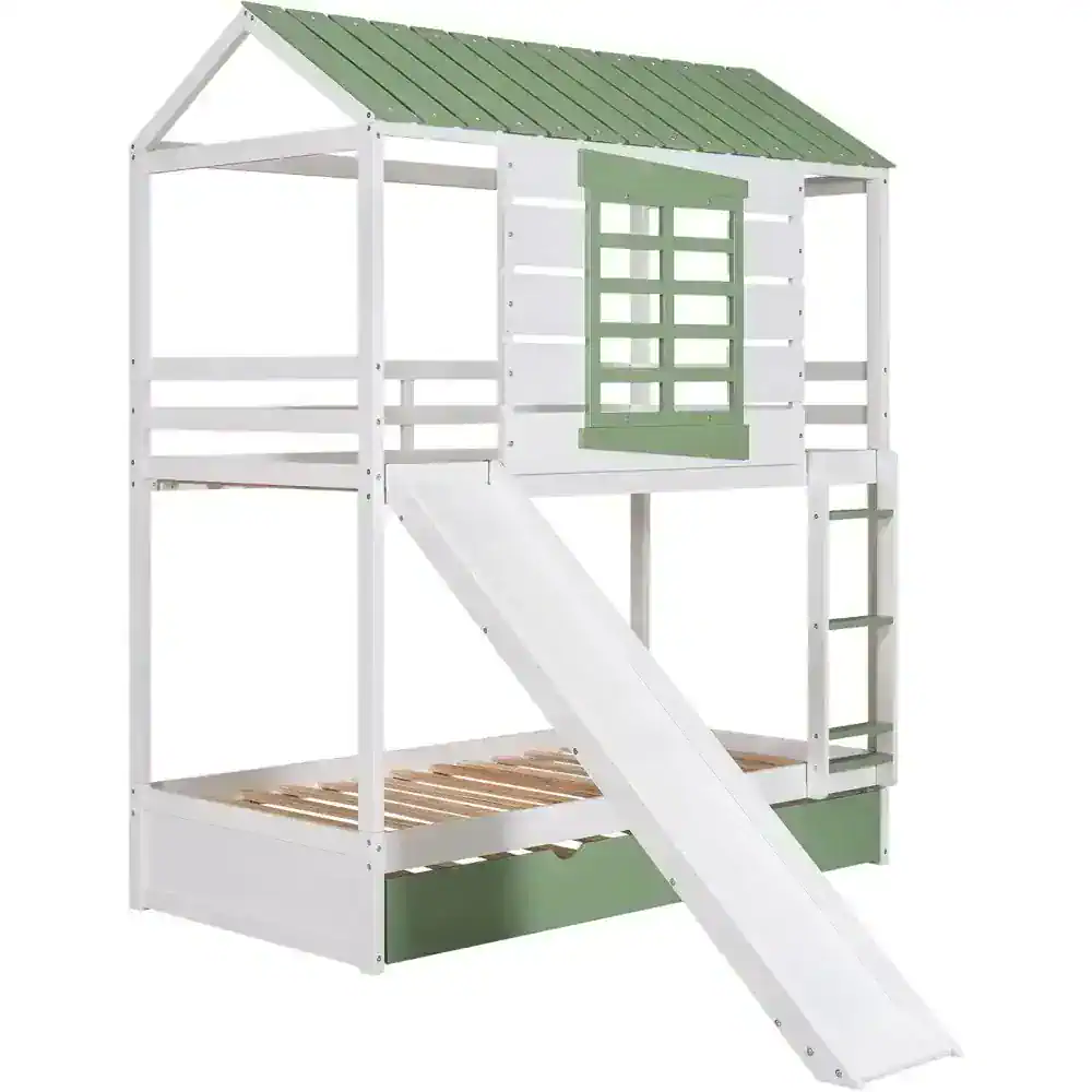 Childrens wooden playhouse with slide and roof, perfect for outdoor fun and imaginative play, available at Monalisa Store.