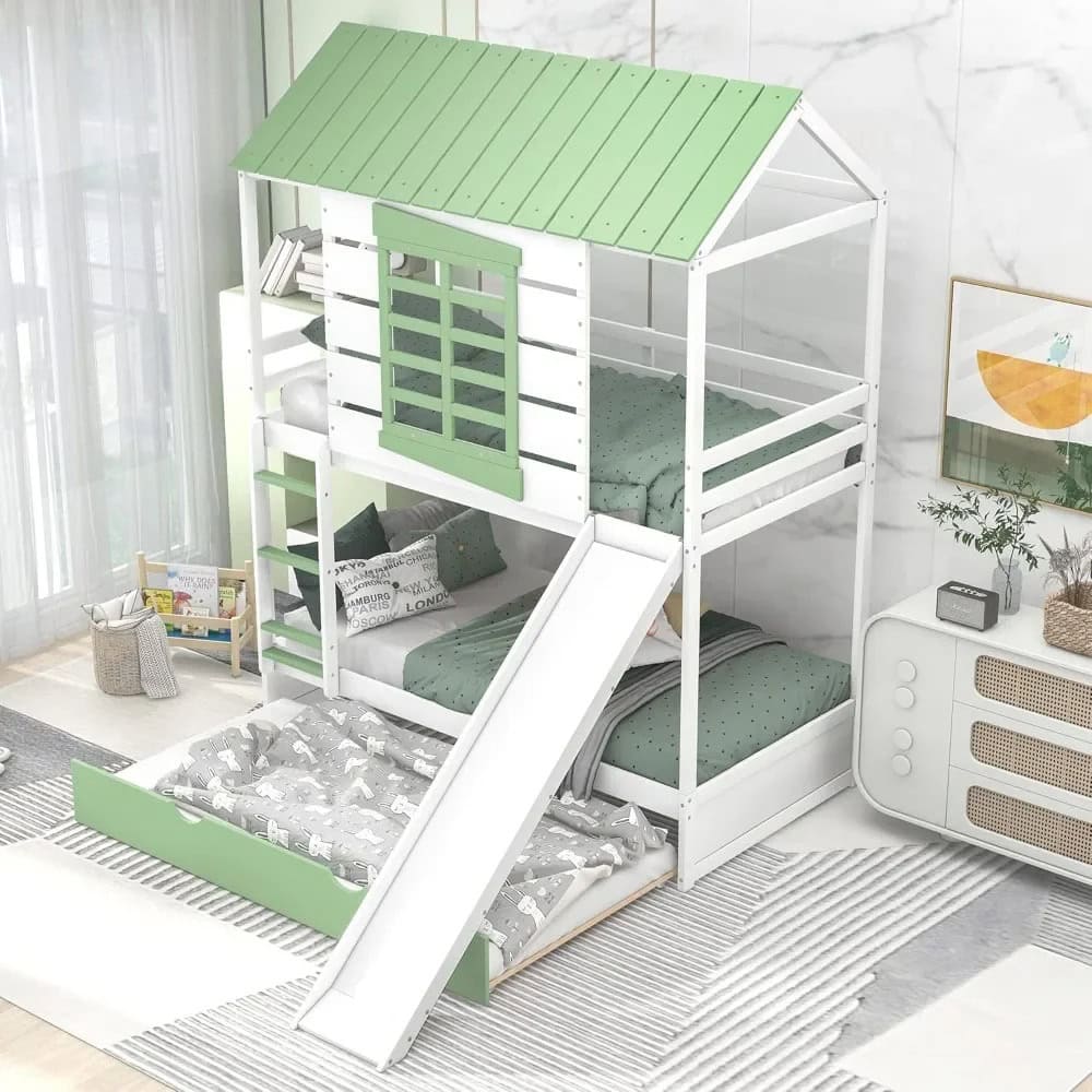 Wooden multi-level kids loft bed with slide, green and white finish, perfect for space-saving bedroom furniture, ideal for children’s room decor and play area.