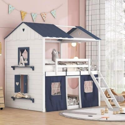 White and navy kids' playhouse bedroom with bunk beds, ladder, and decorative accents, showcasing Monalisa Store children's furniture for a cozy, stylish nursery or playroom setup.