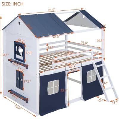 Bright white and navy children's playhouse with windows, ladder, and roof, ideal for outdoor play and imaginative fun, suitable for kids' backyard entertainment.