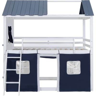 Modern loft bed with built-in play tent and slide, ideal for kids' bedrooms, featuring durable wood frame, fun play area, and space-saving design.