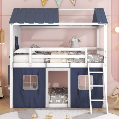 Colorful children's house bed with playhouse design, cozy bedding, and playful decor at Monalisa Store. Perfect for boosting kids’ imagination and comfort in a bedroom setting.