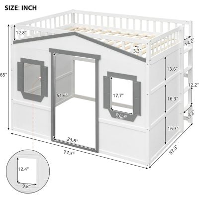Stylish white wooden playhouse with windows and door, perfect for kids' outdoor activities, featuring detailed measurements and roof safety features.