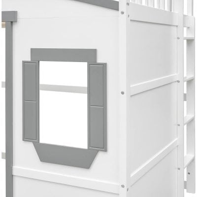 Extended photo of a modern white and gray children's bunk bed with a small playhouse window feature to enhance children's sleep and play environment.
