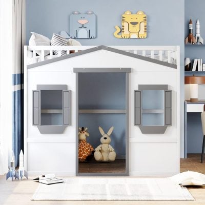 Cute children's house bed with built-in storage and playful animal-themed decor, perfect for a kid’s bedroom or playroom, featuring a white and gray design, windowed storage compartments, and cozy stuffed toys.