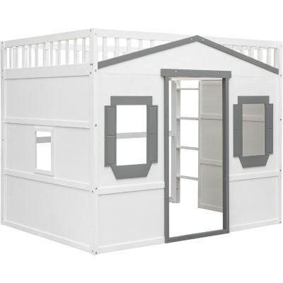 Light gray and white children's playhouse with window shutters, door, and rooftop railing for outdoor fun and imaginative play.