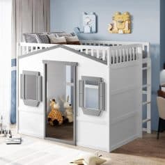 White children's loft bed with playhouse design, included mirror and window shutters, in a modern nursery room setting, perfect for kids' bedroom furniture by Monalisa Store.