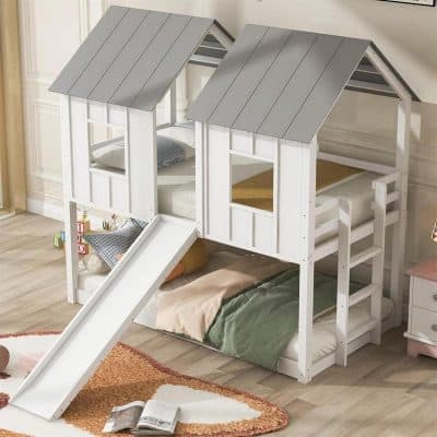 Wooden toddler house bed with slide, cute design for kids' bedroom, white and gray colors, perfect for children’s play area and sleep, sturdy and safe children's furniture.