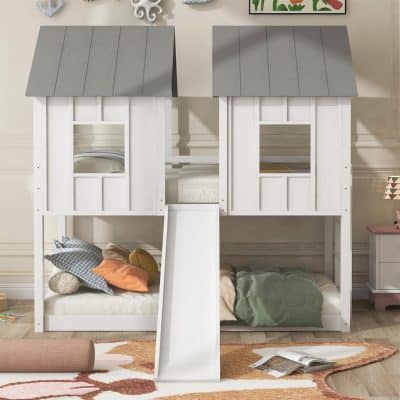 Versatile White Wooden Playhouse Bed with Slide and Storage for Kids, ideal for play areas and bedrooms. Durable craftsmanship providing safe, fun, and functional furniture for children.