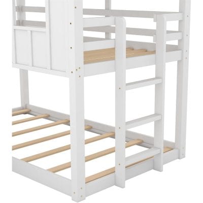 White wooden bunk bed with a ladder, suitable for kids' bedrooms, featuring safety rails and sturdy construction for optimal comfort and security. Perfect for maximizing space in a children's room.