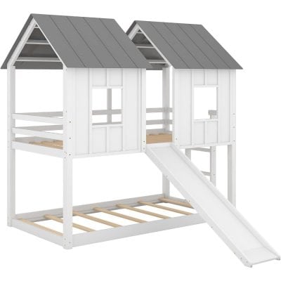 Aesthetic wooden playhouse with slide, perfect for children’s outdoor activity, featuring a house-shaped design with white and gray finish, ideal for backyard playspaces.