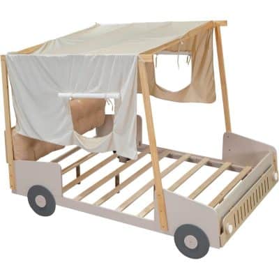 Compact wooden kids' bed with canopy and drapes, perfect for children's bedroom, playroom, or nursery, combining playful design with cozy comfort.