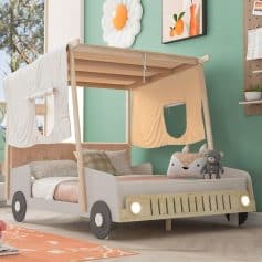 Wooden car bed with canopy for kids, Montessori-style children's bed, playful vehicle design for children, cozy and fun kids' bedroom furniture, safe and stylish kids' bed for imaginative play.