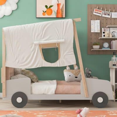 Bright children’s bed with canopy tent in bedroom, playful and cozy kids' bedroom furniture, ideal for imaginative play and sleep, with soft accents and storage solutions.