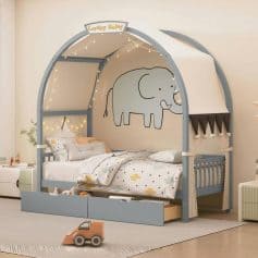 Elephant themed kids bed with canopy, fairy lights, and playful design, perfect for children's bedrooms, available at Monalisa Medical Store.